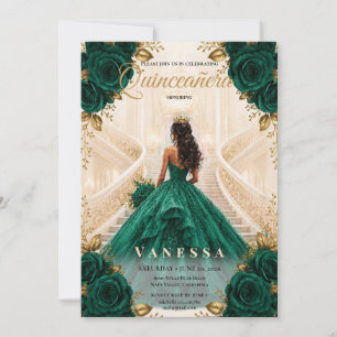 Quinceanera Smaragd- und Goldene Einladung