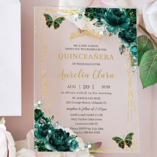 Quinceañera Smaragdgrün Floral Gold Schmetterlinge Acryleinladungen