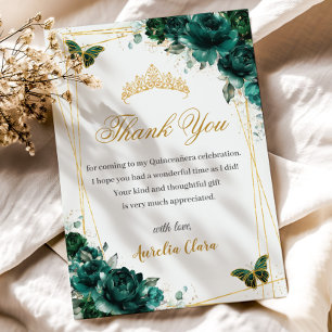 Quinceañera Smaragdgrün Floral Gold Schmetterlinge Dankeskarte