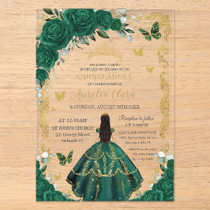 Quinceañera Smaragdgrün Floral Schwarz Haar Gold Acryleinladungen