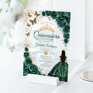 Quinceanera Smaragdgrün Gold Floral Acryleinladungen