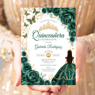 Quinceanera Smaragdgrün Gold Floral Einladung