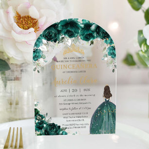 Quinceañera Smaragdgrünes Blumenkleid Goldener Bog Acryleinladungen