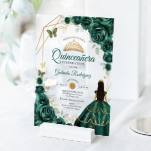 Quinceanera Smaragdgrünes Kleid Gold Acryleinladungen