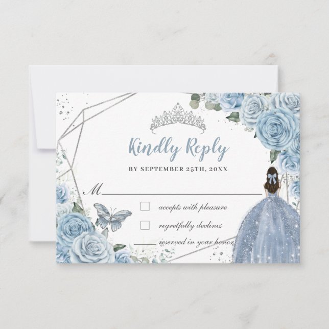 Quinceañera Soft Baby Blue Floral Rose Princess RSVP Karte (Vorderseite)