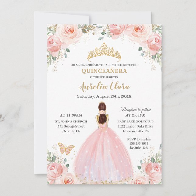 Quinceañera Soft Blush Floral Butterfliegen Prinze Einladung (Vorderseite)
