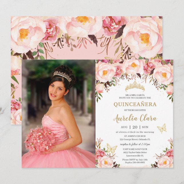 Quinceañera Soft Blush Floral Gold Tiara Butterfly Einladung (Vorne/Hinten)