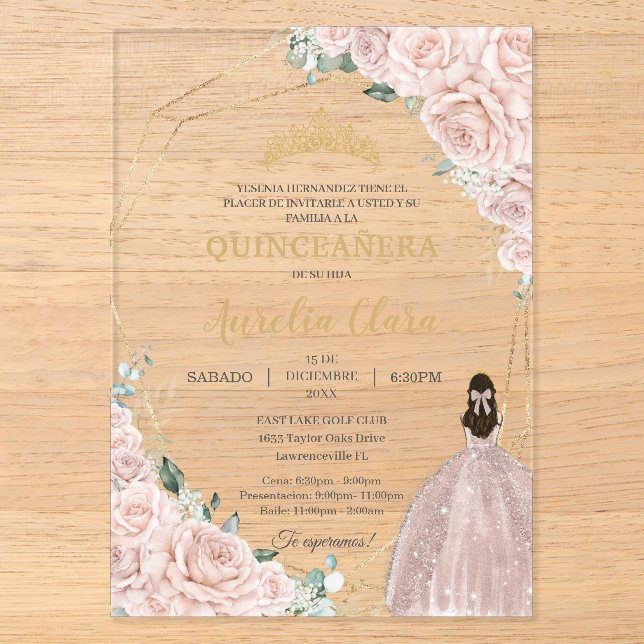 Quinceañera Soft Blush Pink Roses Floral 15 Años Acryleinladungen (Vorderseite)
