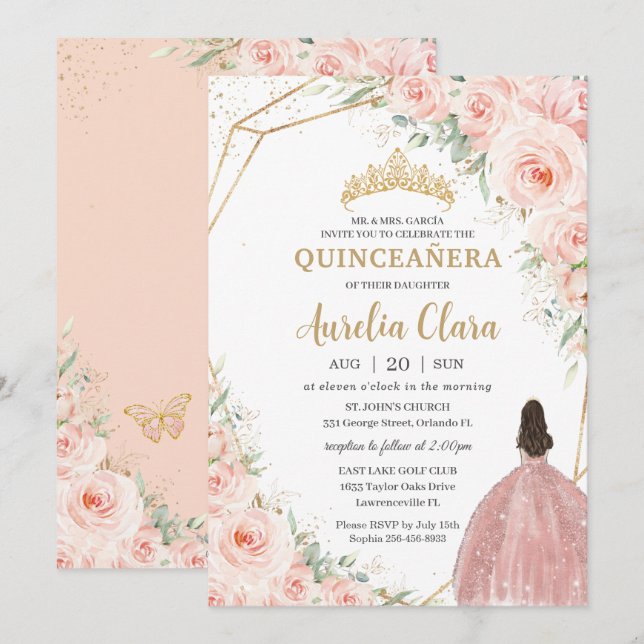 Quinceañera Soft Blush Rose Blume Crown Einladung (Vorne/Hinten)