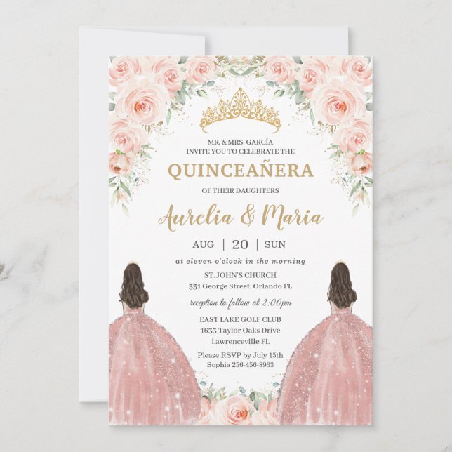 Quinceañera Soft Blush Rose Blume Twins Einladung (Vorderseite)