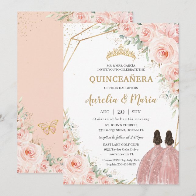 Quinceañera Soft Blush Rose Blume Twins Einladung (Vorne/Hinten)