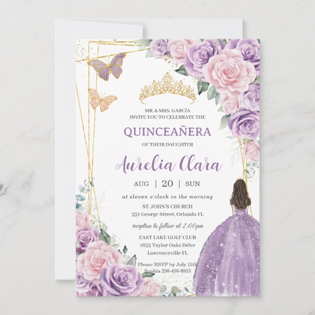 Quinceañera Soft Lila Lilac Pink Blütenprinzessin Einladung (Vorderseite)