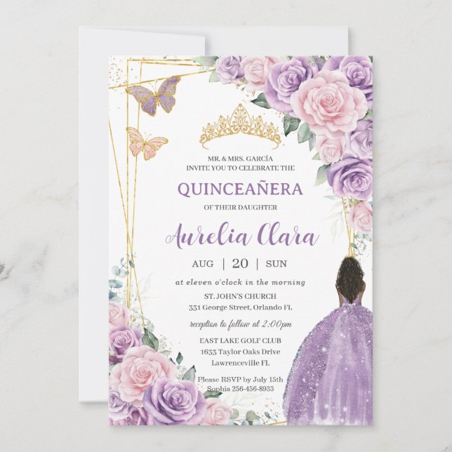 Quinceañera Soft Lila Pink Floral Brown Princess Einladung (Vorderseite)