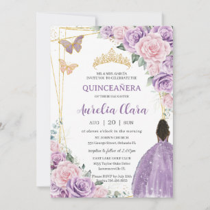 Quinceañera Soft Lila Pink Floral Brown Princess Einladung