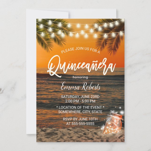 Quinceanera Sommer Sunset Beach Glow Mason Jar Einladung (Vorderseite)