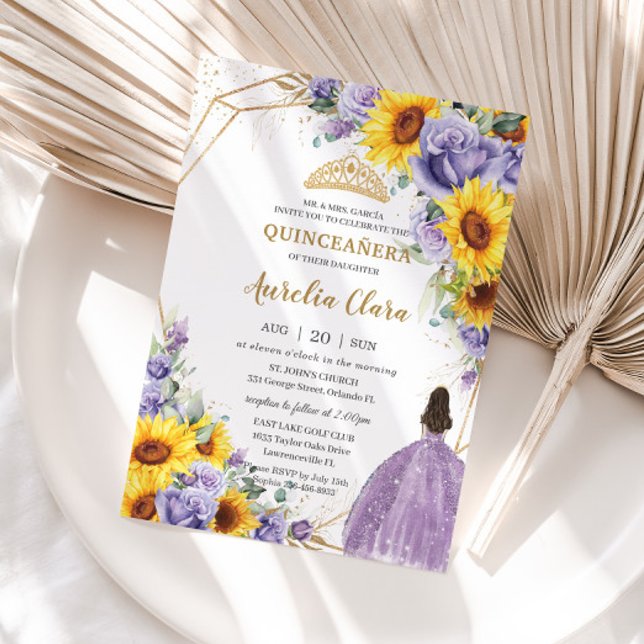 Quinceanera Sonnenblume Lila Lavendel Blütengold Einladung (Von Creator hochgeladen)