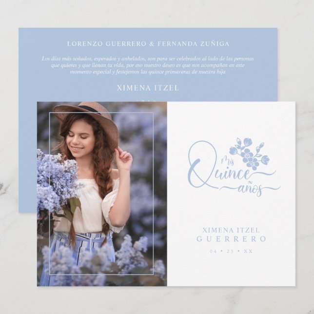 Quinceañera Spanish Blue Floral Wreath Photo Einladung (Vorne/Hinten)