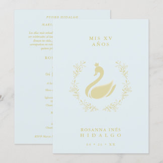 Quinceañera Spanish Blue & Gold Romantic Swan Einladung