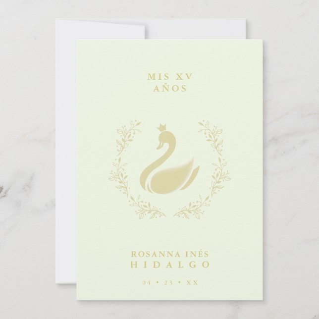 Quinceañera Spanish Yellow & Gold Romantic Swan Einladung (Vorderseite)