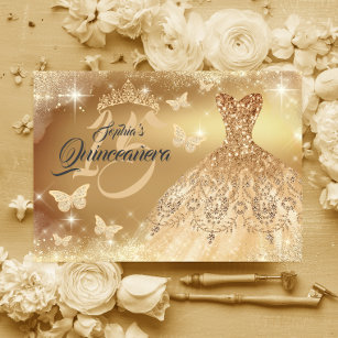 Quinceanera Sparkle Gold Butterfly Kleid Einladung