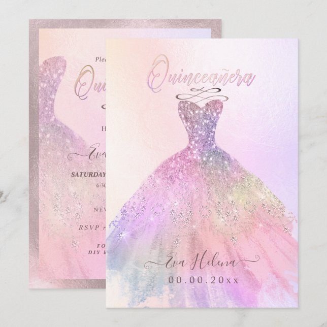 Quinceañera , Sparkle Gown, Baumwolle Candy Einladung (Vorne/Hinten)