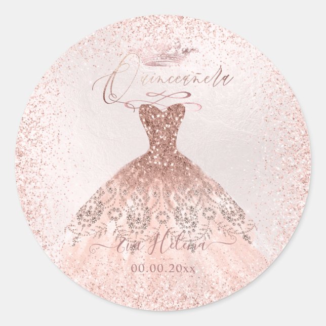Quinceañera , Sparkle Gown, Imitate Rose Gold Runder Aufkleber (Vorderseite)