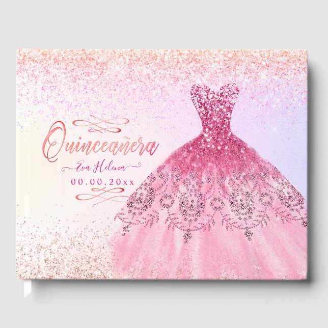 Quinceañera , Sparkle Gown, Pink Cherry Ombre Gästebuch (Vorderseite)