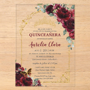 Quinceanera Sweet 15 16 Burgund Rot Florales Golde Acryleinladungen