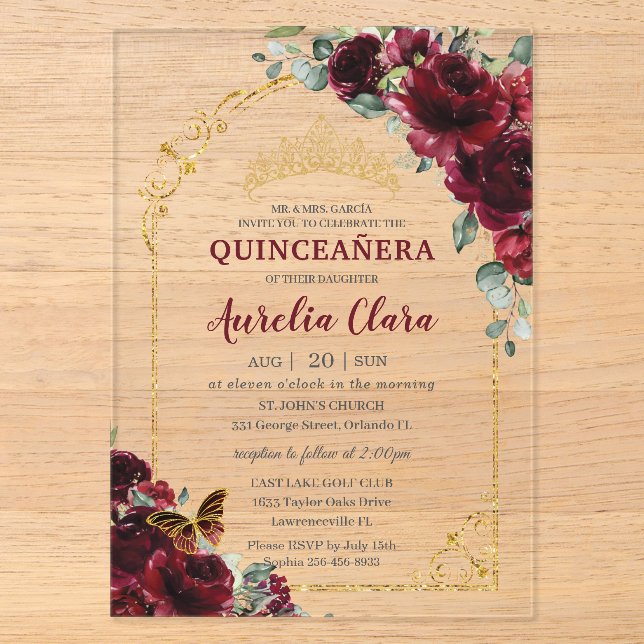Quinceanera Sweet 15 16 Burgundy Floral Gold Arch Acryleinladungen (Vorderseite)