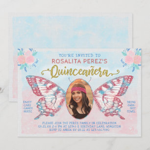 Quinceanera Sweet 15 Birthday Butterfly mit Foto Einladung