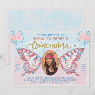 Quinceanera Sweet 15 Birthday Butterfly mit Foto Einladung