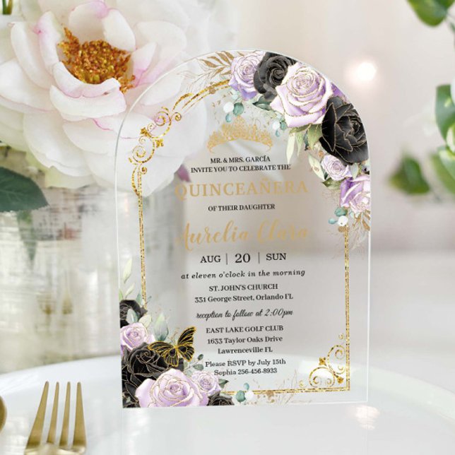 Quinceañera Sweet 16 Black Lila Floral Gold Arch Acryleinladungen (Von Creator hochgeladen)