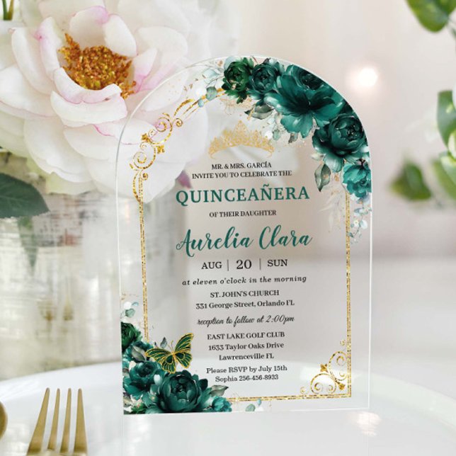 Quinceañera Sweet 16 Emerald Green Floral Gold Acryleinladungen (Von Creator hochgeladen)