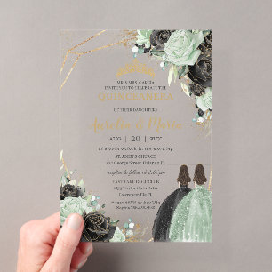 Quinceañera Sweet 16 Salbeigrün Schwarze Florale Z Acryleinladungen