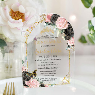 Quinceañera Sweet 16 Schwarz Rosa Floral Goldene A Acryleinladungen