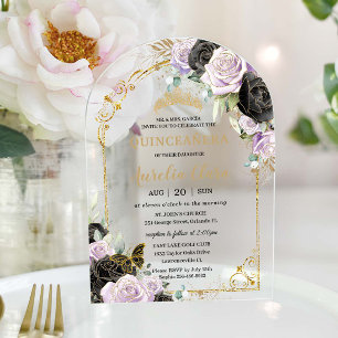 Quinceañera Sweet 16 Schwarz Violette Florale Gold Acryleinladungen