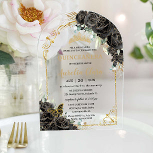 Quinceañera Sweet 16 Schwarze Rosen Floral Goldene Acryleinladungen