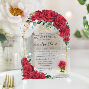 Quinceañera Sweet 16 XV Verzauberte rote Rosen Blu Acryleinladungen