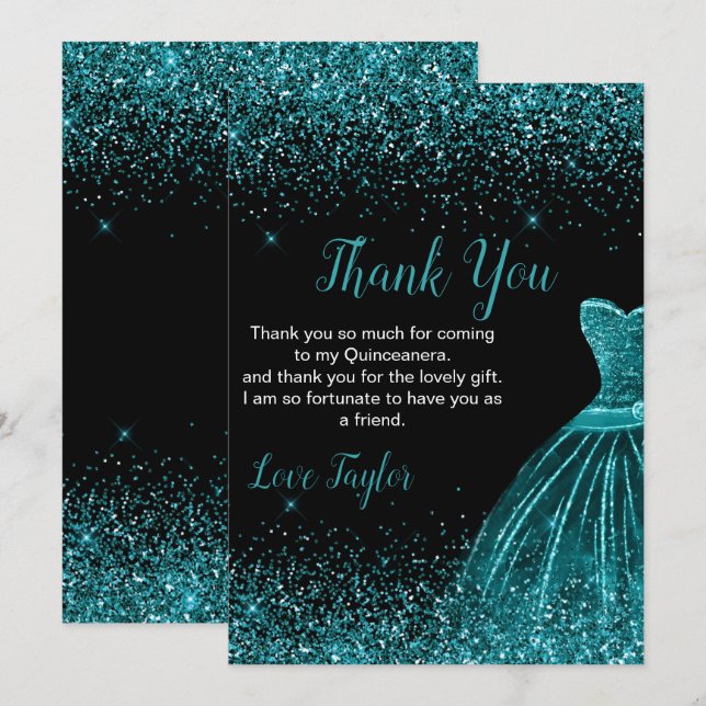 Quinceanera Teal Blue Dress Faux Glitter Dankeskarte (Vorne/Hinten)