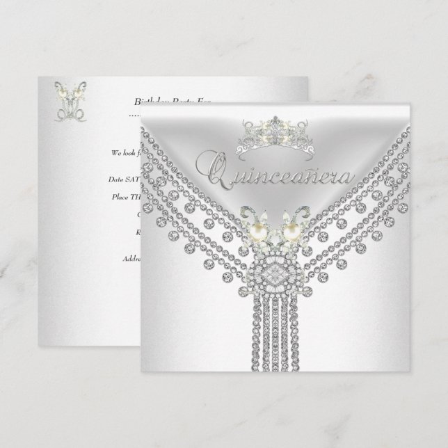 Quinceañera Tiara White Diamond Pearl Einladung (Vorne/Hinten)