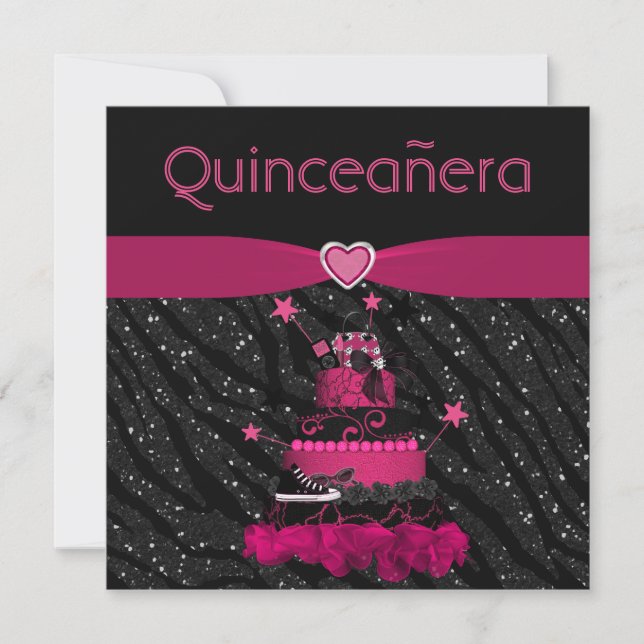 Quinceanera Trendy Pink Cake & Zebra Streifen Einladung (Vorderseite)