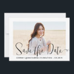 Quinceañera Trendy Script Chic Modern 2 Foto Save The Date<br><div class="desc">Teilen Sie die freudige Nachricht von einer bevorstehenden Quinceañera Feier mit schicken 2 Foto Save the Date Einladungen. Die Bilder und alle Formulierungen auf dieser Vorlage sind einfach zu personalisieren. Mit dem Zazzle Design Editor können die Farben, Schriftart-Stile und Deckkraft des Overlays leicht angepasst werden. Das moderne, minimalistische Schwarz-Weiß-Design besticht...</div>