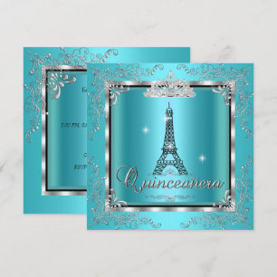 Quinceanera Türkis Blau Silber Tiara Eiffelturm 3 Einladung
