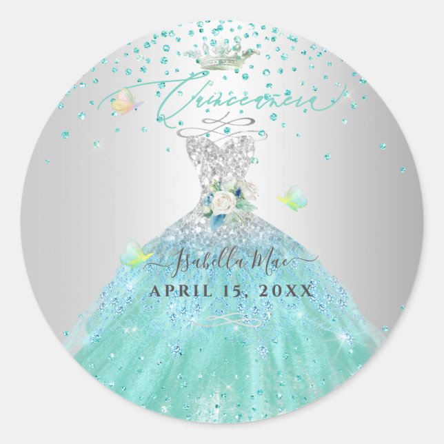 Quinceanera Türkis Glitzer Gown Runder Aufkleber (Vorderseite)