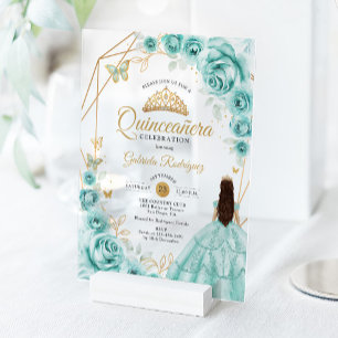 Quinceanera Türkis Kleid Floral Gold Acryleinladungen