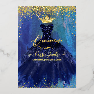 Quinceanera Türkis Marineblau Aquarellkleid Folieneinladung