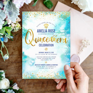 Quinceañera Türkis Wasserfarben Einladung