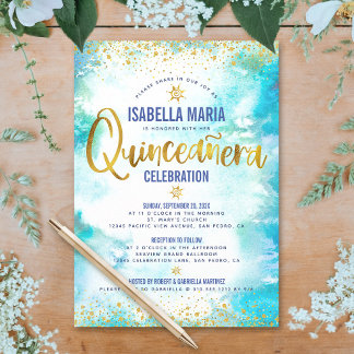 Quinceañera Türkis Wasserfarben Einladung