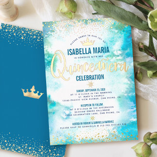 Quinceañera Türkis Wasserfarben Krone Real Gold Folieneinladung