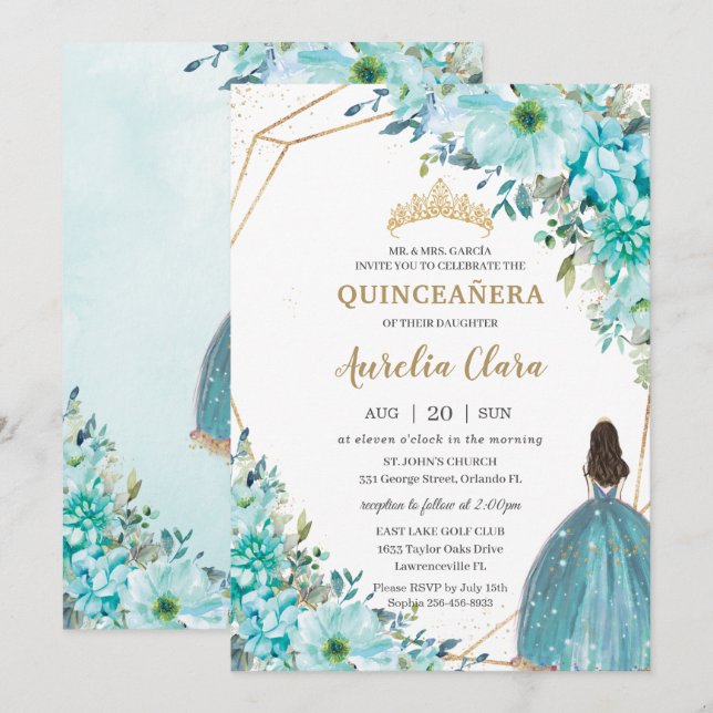 Quinceañera Türkise Blue Floral Gold Princess Einladung (Vorne/Hinten)